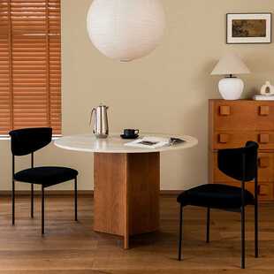 舒梵赤白圆桌/洞石岩板餐桌防划防烫防渗色/圆桌中古风实木餐桌