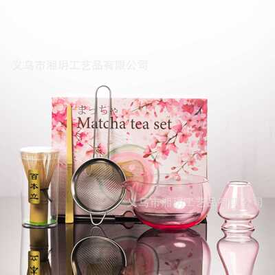 可定制新款粉色抹茶玻璃碗百本立茶拨五件套装Pink Matcha Bowl