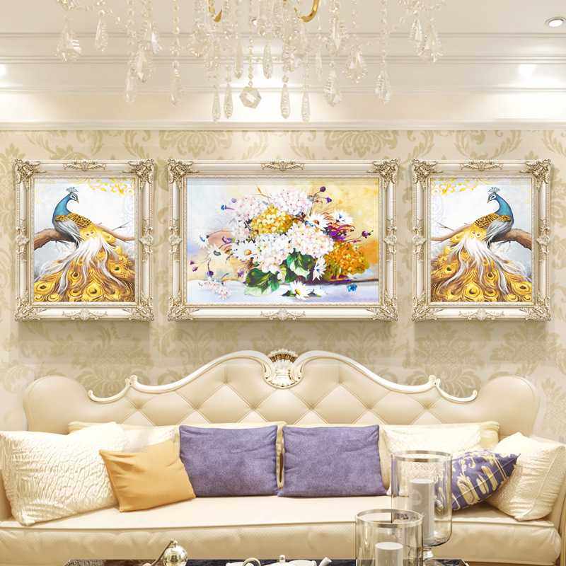 欧式客厅装饰画简欧沙发背景墙挂画大气孔雀油画餐厅美式壁画