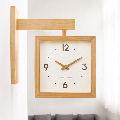 MJK实木双面挂钟客厅家用静音时钟现代简约时尚挂墙转角两用