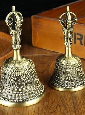 黄铜三头降魔铃寺庙西藏喇嘛手持六字真言铃铛铜器摆件地摊