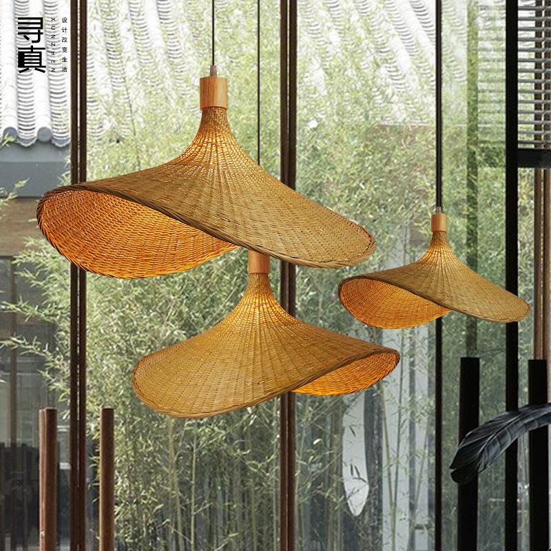 竹编民宿吊灯手工禅意现代简约书房田园风客厅餐厅灯茶室斗笠灯具