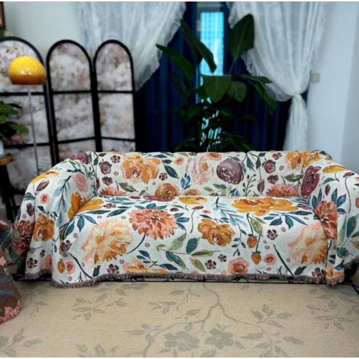 花卉线毯INS风跨境家居休闲毯挂毯装饰毯美式双面沙发毯露营毯