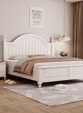白色美式田园实木床1.q8m简约单人双人白色公主床奶油风1.5儿童床