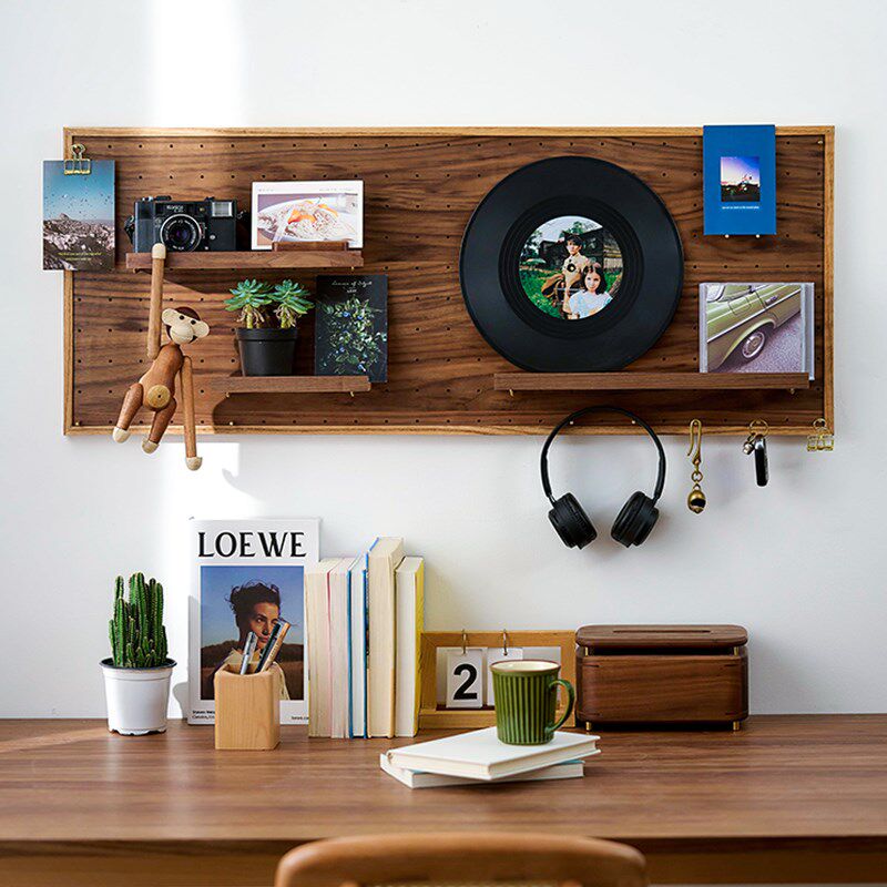 洞洞板入户玄关挂衣区墙上收纳书桌墙面黑胡桃木置W物架实木可定