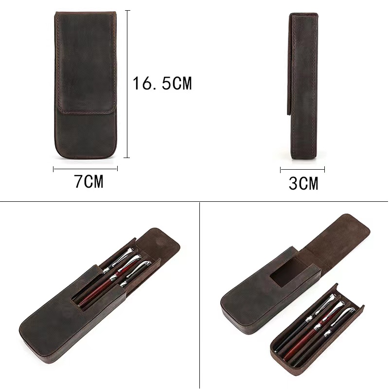 疯马皮笔袋3支装手n工制作磁吸抽屉式笔盒可拆卸钢笔收纳盒现货
