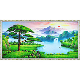 新款客厅装饰画沙发背景q墙聚宝盆旺财山水画布料欧式风景油画画