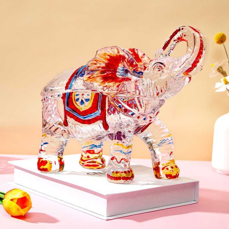 玻璃摆件手绘大象储物罐波西米亚风东南亚饰品精致鲜花手工