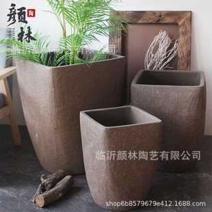 方口圆底花盆粗陶盆紫砂透气陶缸室内阳台绿植装饰盆大口径组合盆