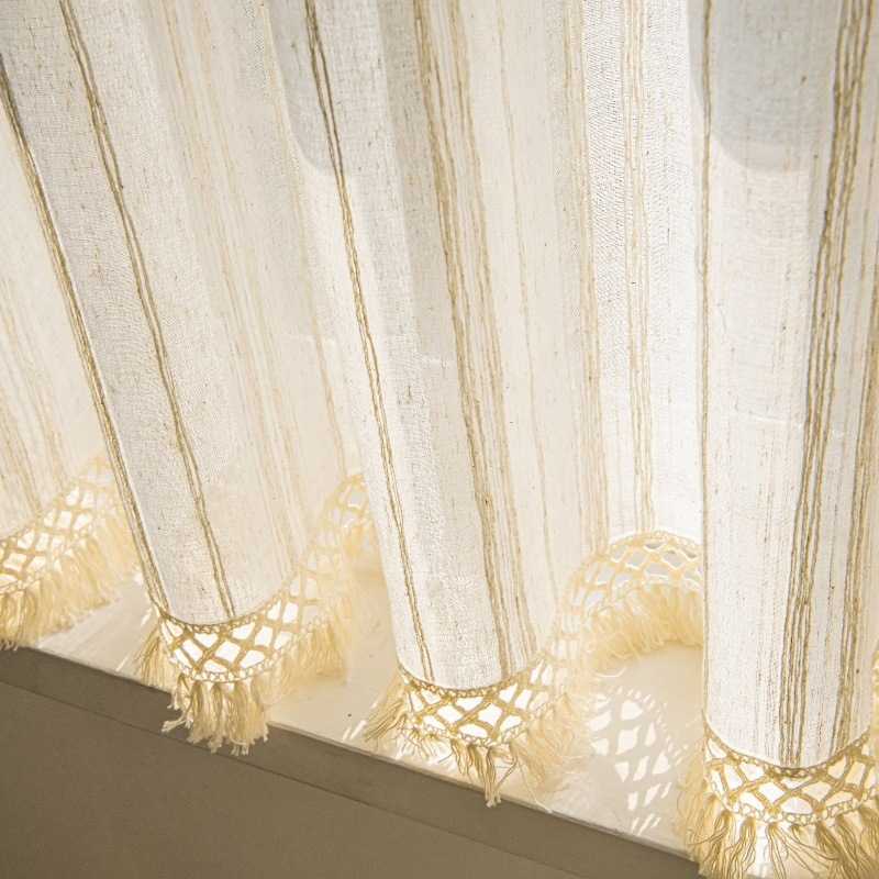 条纹麻纱日式纱帘飘窗美式法式厨房门帘短帘遮光阳台卧室窗户新品