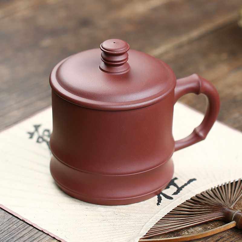 正宗宜兴紫砂杯男女士纯手工刻字清水泥竹节杯450ml泡茶盖杯送礼