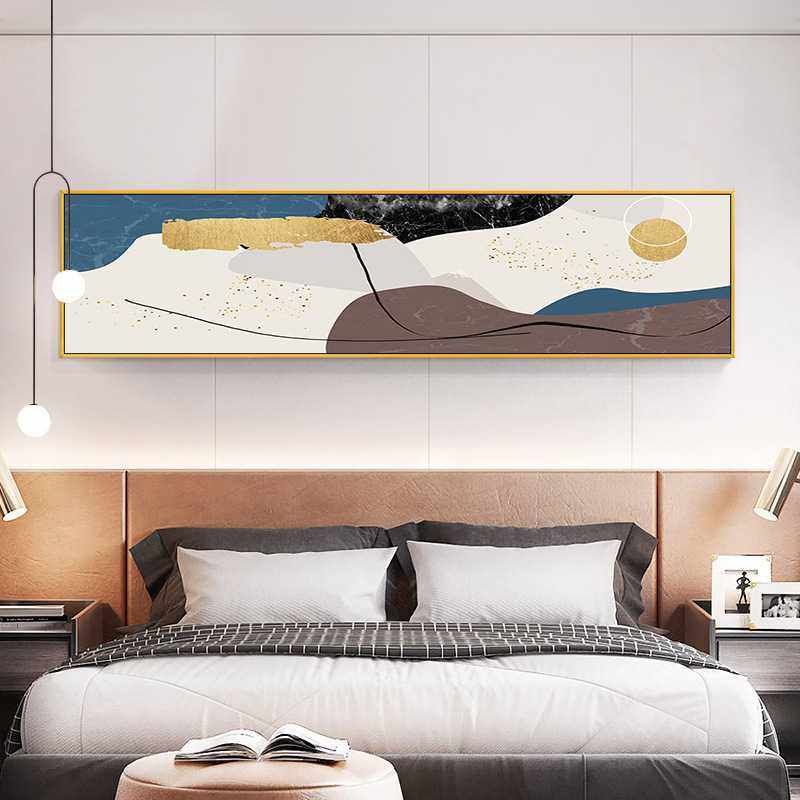 手绘油画轻奢黑白橙横幅床头画现代抽象立体金箔客厅背景墙装饰画