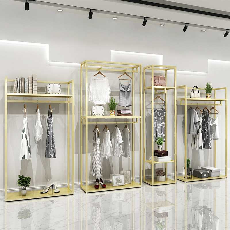 服装店展示架铁艺金色落地式男女装店货架陈列架衣服架双层挂衣架