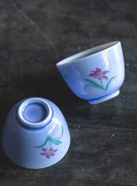 紫色手绘兰花葵口闻香杯品茗杯功夫茶具陶瓷茶杯