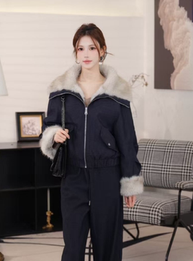 珩绣2025秋冬新款翻毛领拼接外套女宽松夹克X-250907