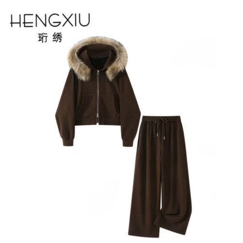 珩绣2025冬毛领保暖套装女阔腿裤两件套时尚潮流小众insY-T25867