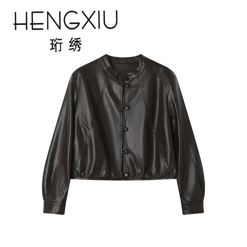 珩绣复古机车风短款皮衣外套女士秋季修身显瘦百搭夹克A-2602