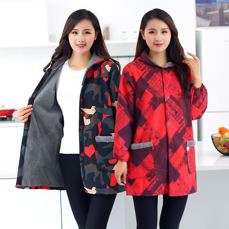 防水羊羔加绒罩衣大m人女冬季加厚工作服家用厨房防油保暖围裙长