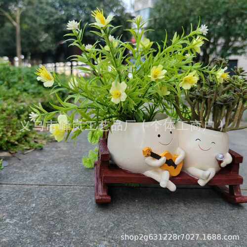 跨境创意多肉花盆树脂装饰摆件家居庭院唱歌款多肉花盆工艺品