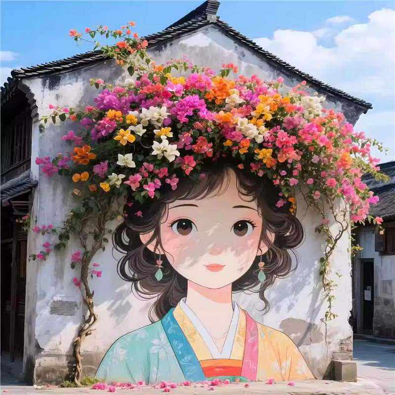 彩绘小女孩花墙仿真花艺瀑布成品商场景区公园打卡点户外美陈装饰