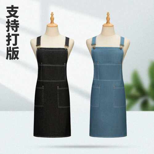 纯棉水洗牛仔超大口袋H型交叉肩带围裙定制工作服文化衫工衣印字