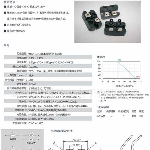 AXP120 平面 厚膜 无感设计 功率电阻  120W  50R   56R  15R