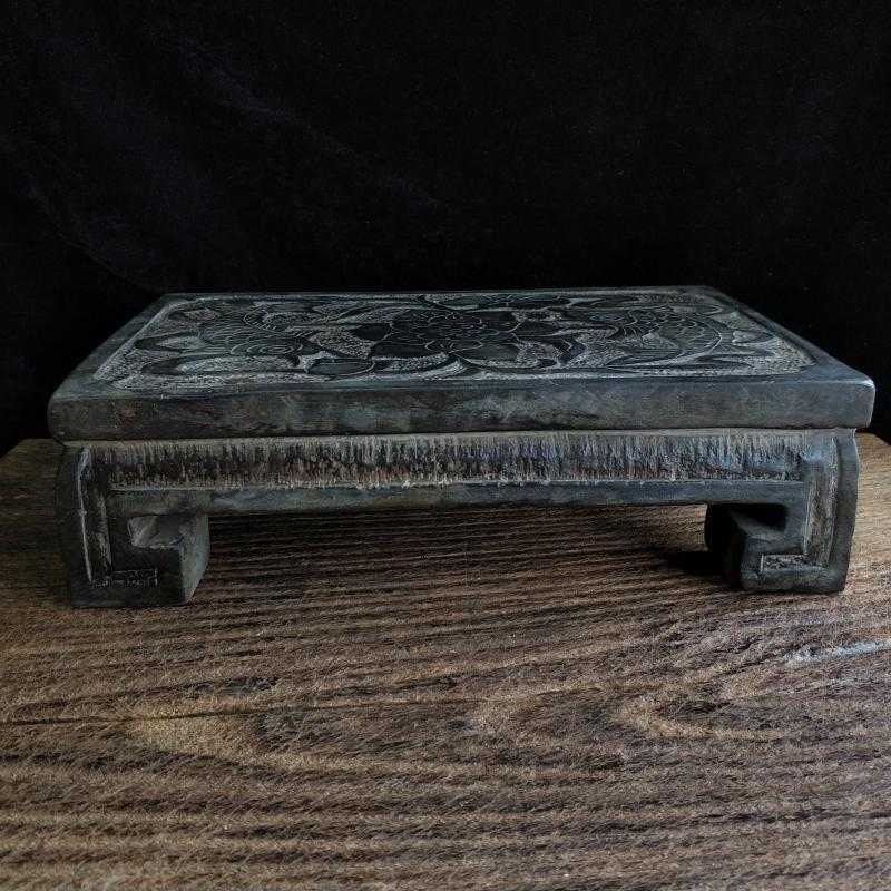 黑青石雕刻连年有余图克壶承茶托石狮砚台复古怀旧实用收藏