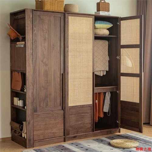 日式全实木组合衣柜北欧简约黑胡桃木对开门藤编收纳储物柜衣橱
