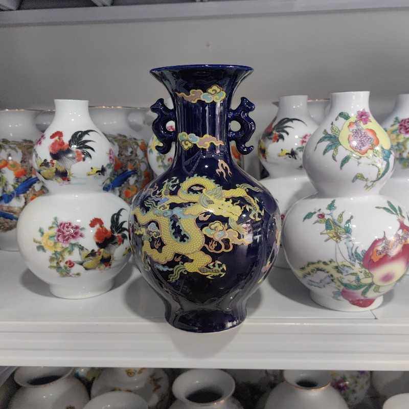 元代霁蓝釉彩绘五彩龙纹象耳瓶一对内府官窑仿古瓷器古玩收藏摆件