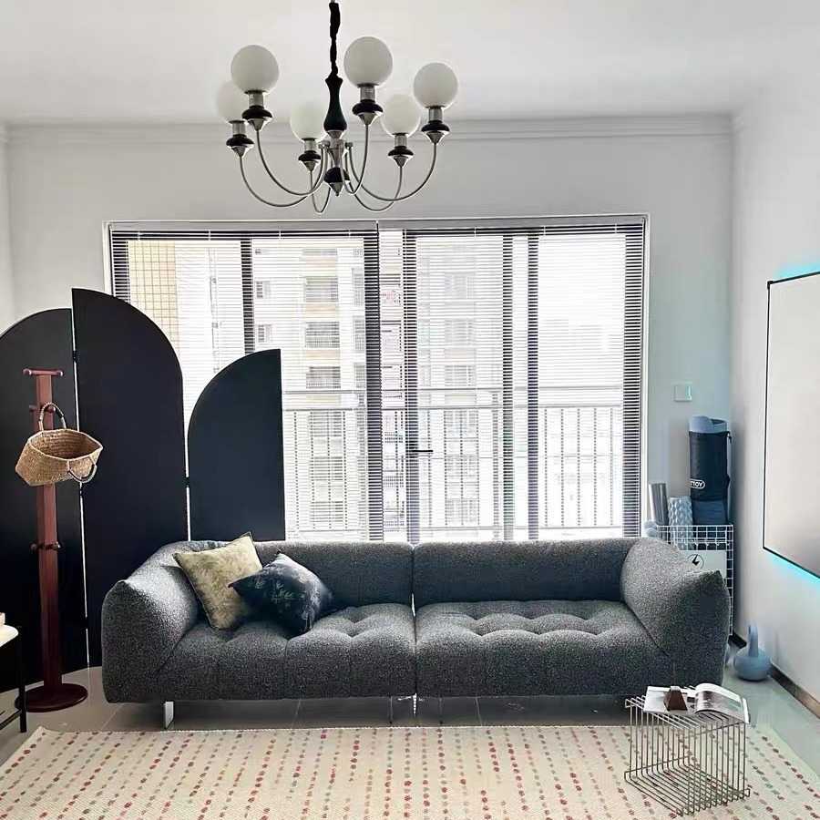 法式慵懒风黑色布艺沙发现代简约小户型客厅三人直排中古沙发