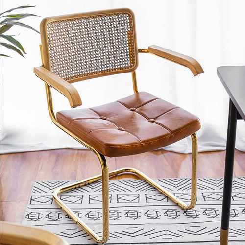 北欧藤编椅子现代简约家用软包靠背椅带扶手复古餐椅ins风弓形椅