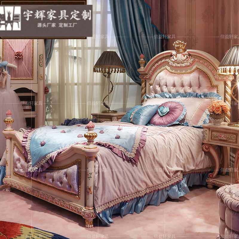 意大利欧式实木雕花女孩床别墅奢华彩绘布艺儿童床粉色公主床