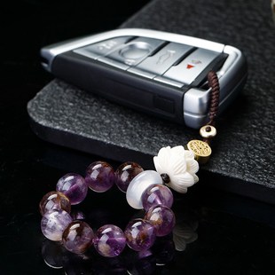 九子离火紫水晶汽车钥匙扣手机链挂件紫幽灵晶黄杨木莲花手机挂饰