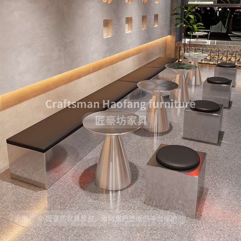 工业风咖啡厅靠墙卡座沙发奶茶甜品烘焙店不锈钢桌椅无靠背长条凳