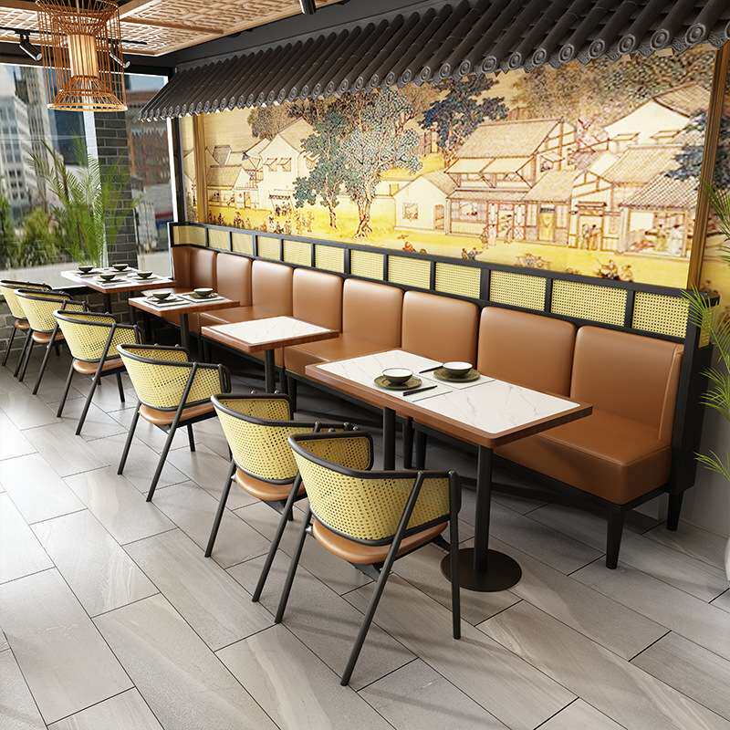 新中式咖啡厅茶楼卡座沙发酒店藤编餐椅茶餐厅饭店实木餐桌椅组合