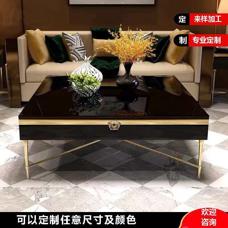 轻奢高端不绣钢黑茶几电视柜组合客厅家用正方形钢化玻璃台面茶桌