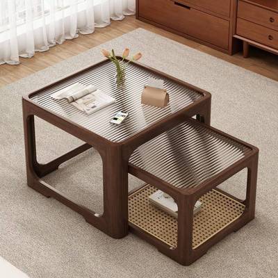 实木茶几玻璃家用客厅阳台卧室中古风桌子小户型简约茶桌沙发边几