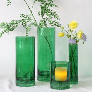 简约厚底泡绿色玻璃花瓶大号富贵竹水养插花圆形直筒婚礼客厅摆件