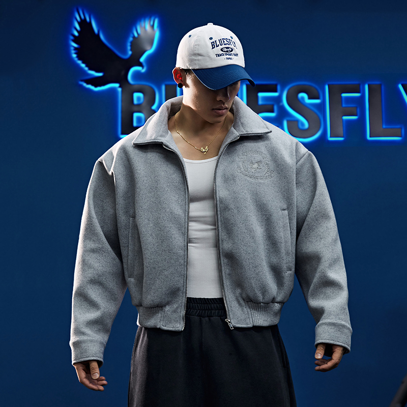 美式潮牌毛呢夹克外套男立领廓形