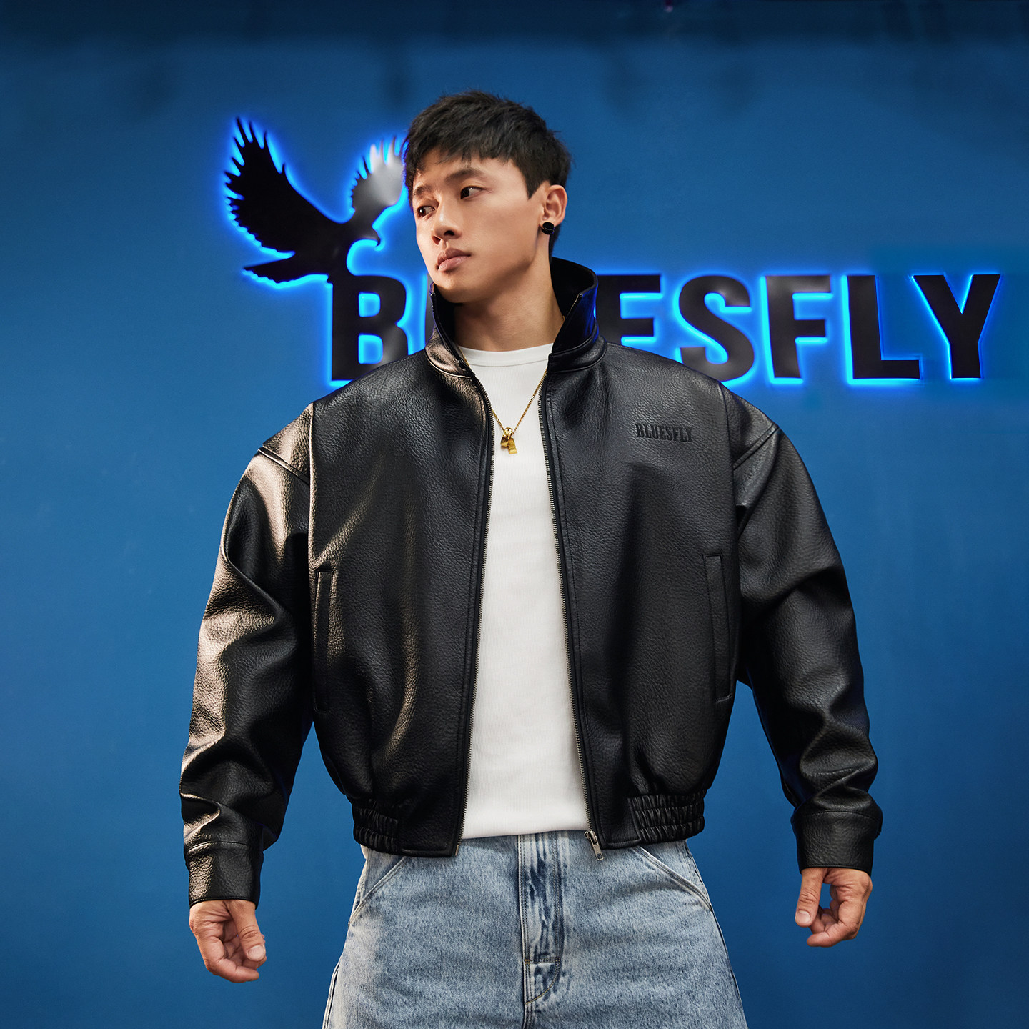 BLUESFLY美式复古短款外套潮牌机车服廓形拉链皮衣痞帅boxy夹克男