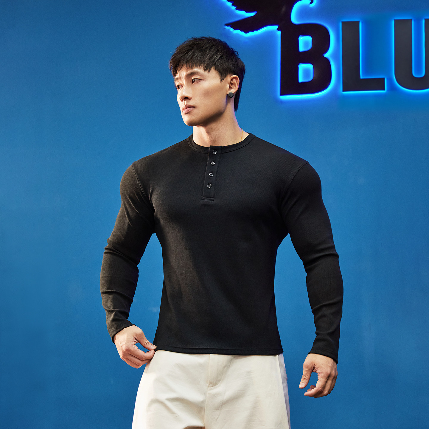BLUESFLY美式亨利领运动长袖T恤男秋冬健身服训练休闲老钱风上衣