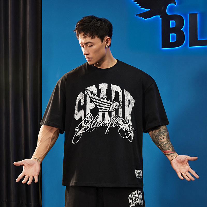 BLUESFLY 美式做旧字母短袖T恤夏季半袖复古印花男女同款宽松上衣