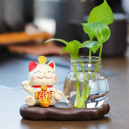 招财猫水培花瓶家居客厅装饰品办公桌面工位摆件水养器皿花盆摆设