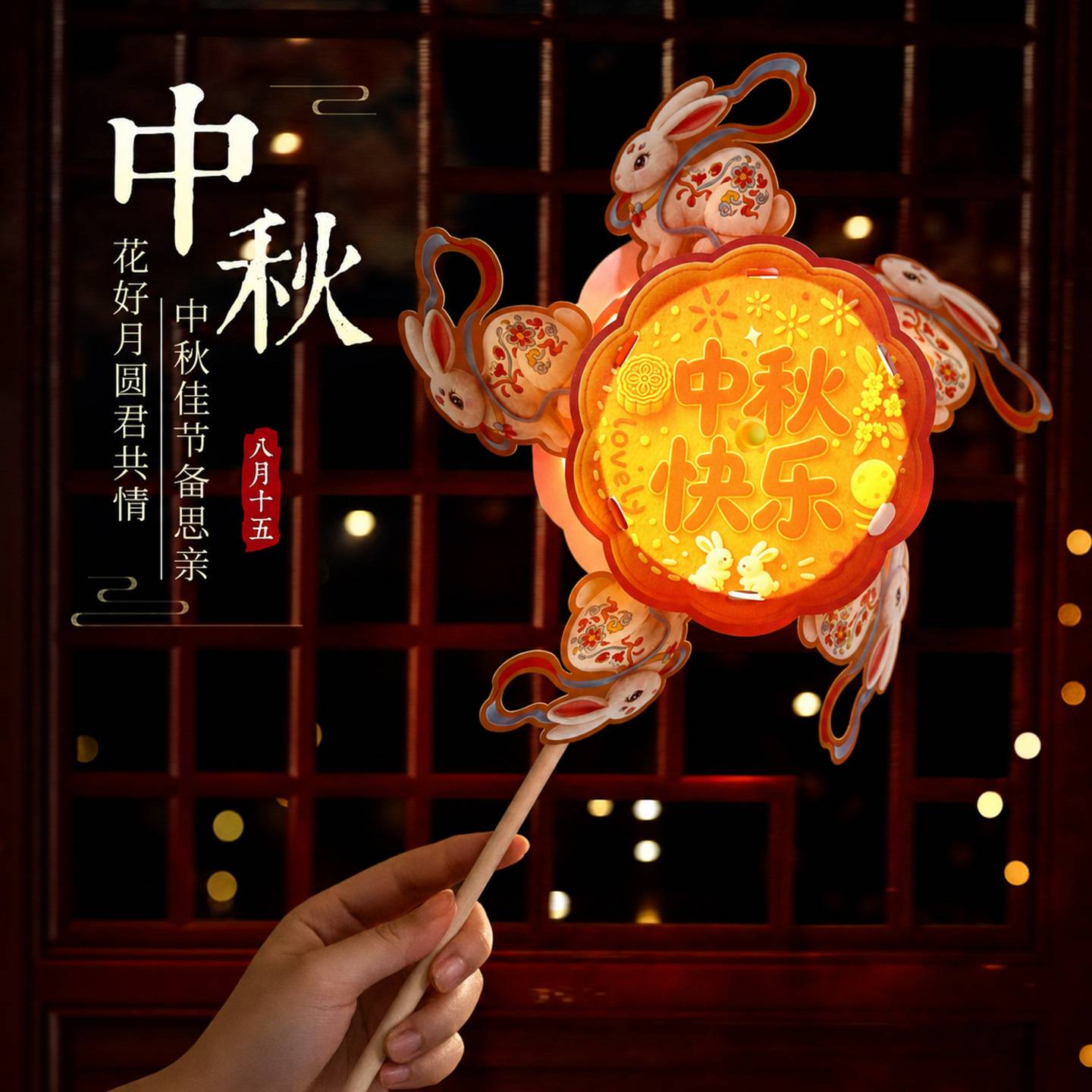 中秋旋转花国潮兔子风车灯笼