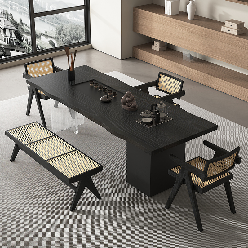 侘寂风实木茶g桌椅组合茶盘烧水壶一体碳化黑原木大板泡茶桌亚克