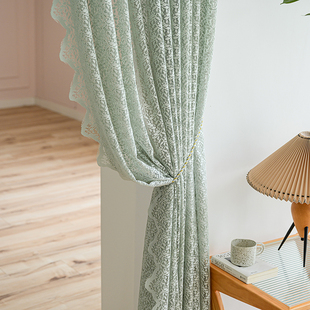法式蕾丝窗帘薄荷绿透光不透人纱帘少女心拱形门魔U术贴挂钩式窗