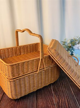 W086仿藤编带盖子双层手工家用买菜长方形菜篮手提收纳篮42V.5*31