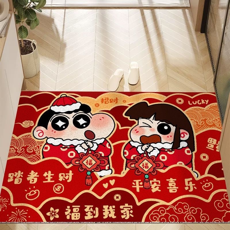 红色喜庆入户门地垫福来家用蹭土耐脏脚垫卡通线条小狗进门垫地毯