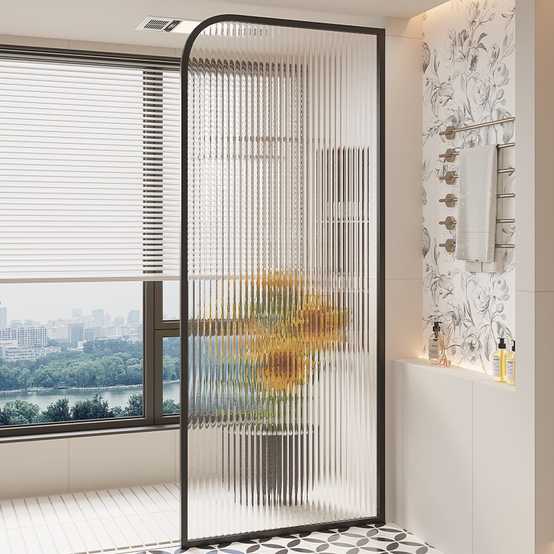 奶油风不锈钢卫生间水波纹玻璃屏风干湿分离毛巾置物架淋浴区隔断