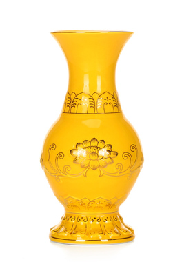 家居室内陶瓷插花器摆件佛堂供佛观音陶瓷浮雕黄色描金莲花瓶